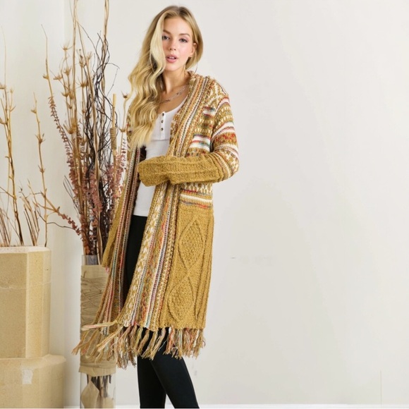 ADORA Sweaters - Bohemian Longline Knit Cardigan With Fringe Tassel Hem Southwestern Aztec Print
